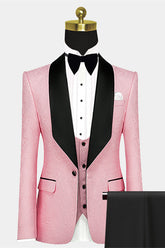 Modern Pink Satin Lapel with Jacquard Morning Suit Wedding in Black