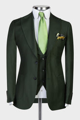 Chic Dark Green Three-Piece Peaked Lapel Business Men's Suits
