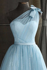 One Shoulder Blue Homecoming Dress/Mini Dress With Bowknot