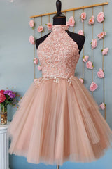 Sparkly Blush A-Line Short Tulle Homecoming Dress/Mini Dress with Lace