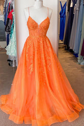 Elegant Orange A-Line Prom Dress with Spaghetti Straps and Appliques