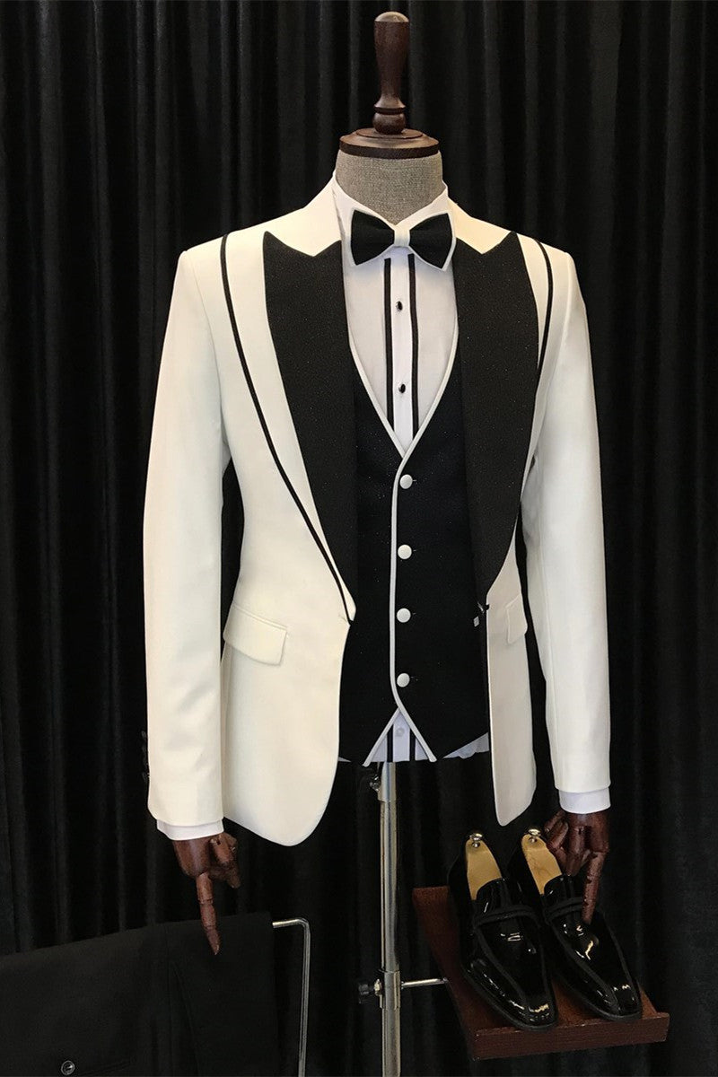 Abel Three-Piece Fashion White and Black Peaked Lapel Wedding Suits