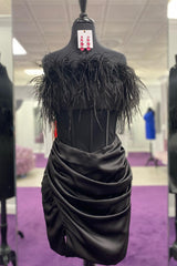 Black Corset Strapless Tight Short Homecoming Dress/Mini Dress with Feathers