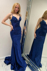 Long Navy Beaded Prom Dress with Sparkly Mermaid Backless Design
