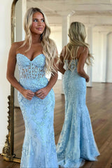 Sweetheart Neck Mermaid Prom Dress in Sky Blue with Appliques