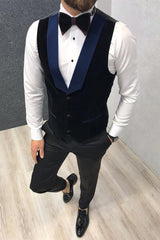 Classic Black-and-Blue Peak-Lapel Three-Piece Wedding Suits with a Waistcoat
