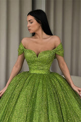 Off-The-Shoulder Green Ball Gown Evening Dress With Sequins