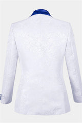 Cool White Jacquard Shawl Lapel Wedding Tuxedo with Blue Three-Piece