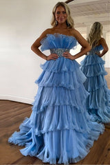 Long Blue Strapless Prom Dress with Beading in Princess Tulle