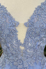 Elegant Blue Long A-Line Prom Dress with Spaghetti Straps and Appliques