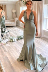 Light Green Mermaid Bridesmaid Dress with Deep V Neck and Open Back