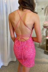 Glitter Pink Beaded Tight Sequins Short Homecoming Dress/Mini Dress
