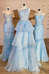 Blue One-Shoulder Corset Prom Dress with Ruffles in A-Line Princess Style