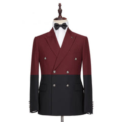 Stylish Burgundy and Black Double-Breasted Party Prom Suit for Guys with Peaked Lapel