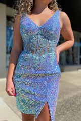 Sparkly Blue Corset Sequins Tight Short Homecoming Dress/Mini Dress with Lace