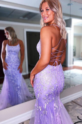 Long Prom Dress in Lilac with Mermaid Silhouette and Spaghetti Straps Featuring Appliques