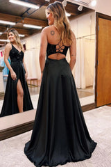Long Black Sparkly A-Line Prom Dress Featuring Pockets