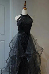 Black Tulle Long Prom Dress with Ruffles in a Halter Neck A-Line Style