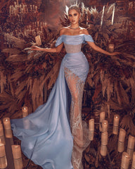 Elegant Baby Blue Off the Shoulder Sequins Mermaid Lace Formal Dress