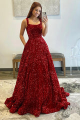 Long Burgundy Spaghetti Strap Prom Dress with Sequins in A-Line