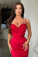 Mermaid Red Spaghetti Strap Sleeveless Sweetheart Formal Dress With Sequins