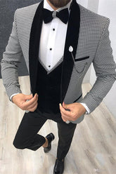 Black Houndstooth Three-Piece Shawl Lapel Men's Suits