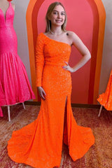 Long Sleeve One-Shoulder Sequined Mermaid Prom Dress with Slit