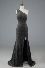 Long Black Glitter Prom Dress Featuring Sequins and a Slit