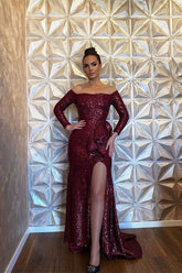 Burgundy Sequins Long Sleeves Mermaid Evening Dress With Split