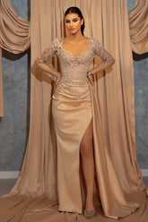Deep V Neck Beads Long Sleeves Lace Appliques Pleated Formal Dress With Ruffles