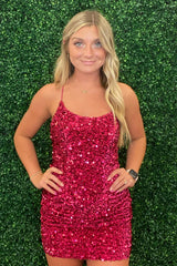 Sparkly Fuchsia Sleeveless Sequin Tight Short Homecoming Dress/Mini Dress