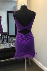 Sparkly Purple Sequin Open Back Tight Short Homecoming Dress/Mini Dress with Feathers