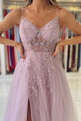 Tulle Spaghetti Strap A-Line Evening Dress With Beadings