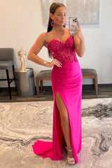 Long Prom Dress in Sparkly Hot Pink with Corset and Slit