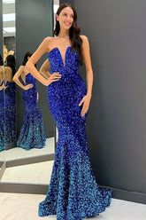 Royal Blue Sequined Sweetheart Prom Dress with Mermaid Sparkle