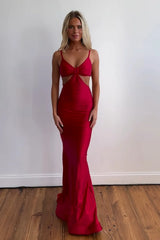 Satin Mermaid Prom Dress with Red Spaghetti Straps and Elegant Cut-out Design