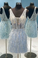 Light Blue Beaded Sequins Tight Homecoming Dress/Mini Dress with Feathers