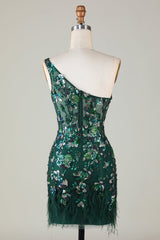 Sparkly Dark Green Tight Short Beaded Homecoming Dress/Mini Dress with Feathers
