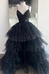 Long Black Prom Dress with High Low Hem and Spaghetti Straps Featuring Ruffles