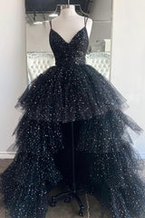 Long Black Prom Dress with High Low Hem and Spaghetti Straps Featuring Ruffles
