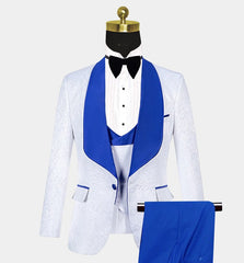 Blue Shawl Lapel Suit for Groom with White Jacquard Tuxedo