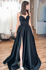 Black Long A-Line Prom Dress with Spaghetti Straps and Slit