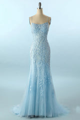 Backless Prom Dress with Blue Spaghetti Straps