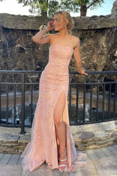 Long Strapless Pink Prom Dress Featuring Lace and a Slit