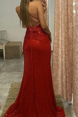 Spaghetti-Straps Red Evening Dress Split With Sequins