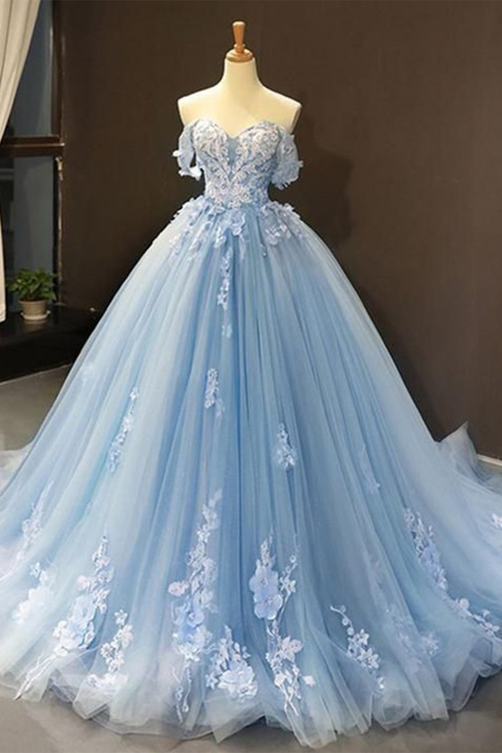 Off-Shoulder Ball Gown in Light Blue