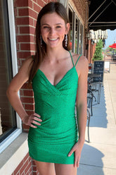 Green Spaghetti Straps Homecoming Dress/Mini Dress with Beading