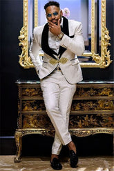 Elegant Black Three-Piece Lapel Wedding Groom Men's Suit with White Jacquard