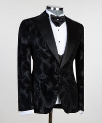 David Modern Black Peaked Lapel Jacquard Three-Piece Men's Suits