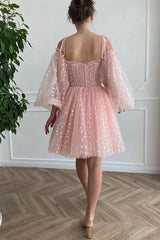 A Line Off the Shoulder Blush Short Homecoming Dress/Mini Dress with Long Sleeves